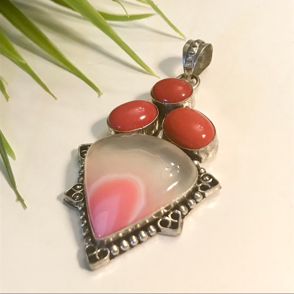 Pink Botswana Agate Coral Sterling Silver Pendent